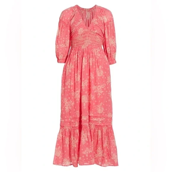 Free People Womens Electropop Pink Floral Golden Hour Smocked V Neck Maxi Dress - Picture 8 of 8